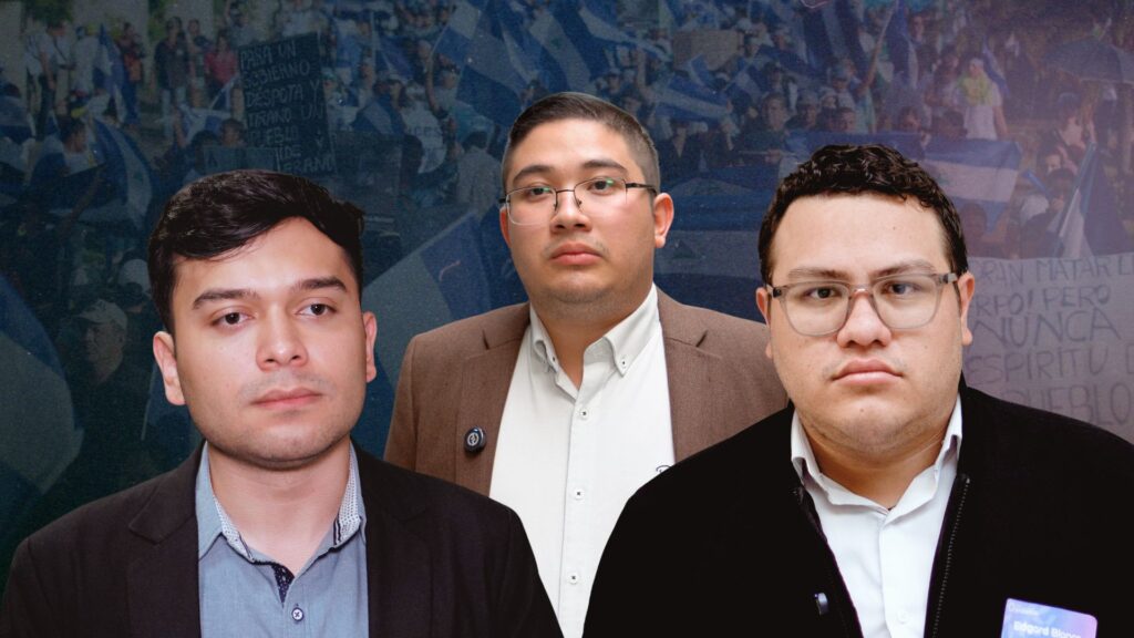 De izquierda a derecha: Jhoswell Martínez, José Alberto Montoya y Edgar Blanco, estudiantes nicaragüenses exiliados en Costa Rica retratados en este reportaje.