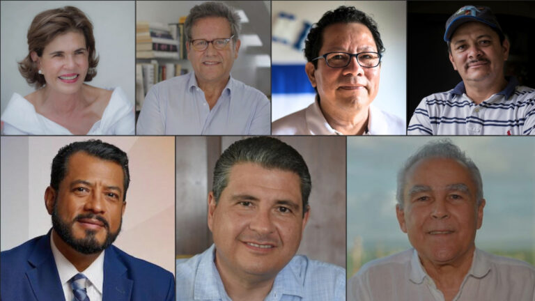Los siete precandidatos presidenciales que fueron encarcelados, desnacionalizados y desterrados por el régimen de Daniel Ortega en febrero de 2023.